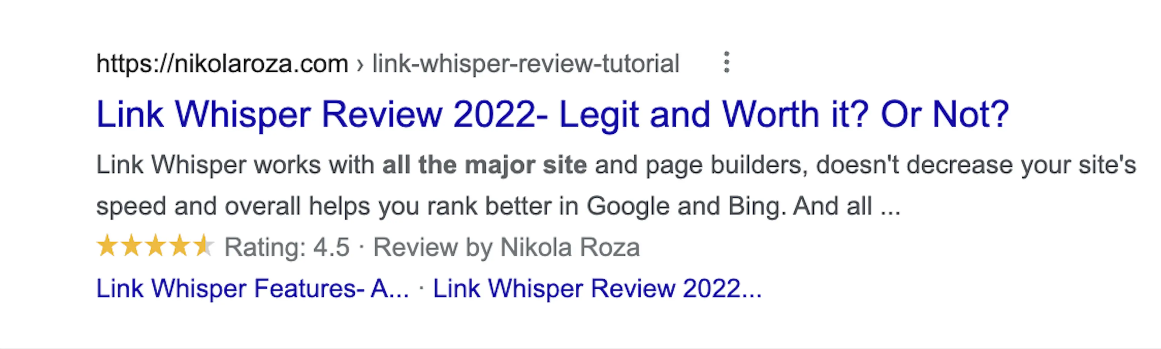 Rich snippet for Link Whisper with star rating 