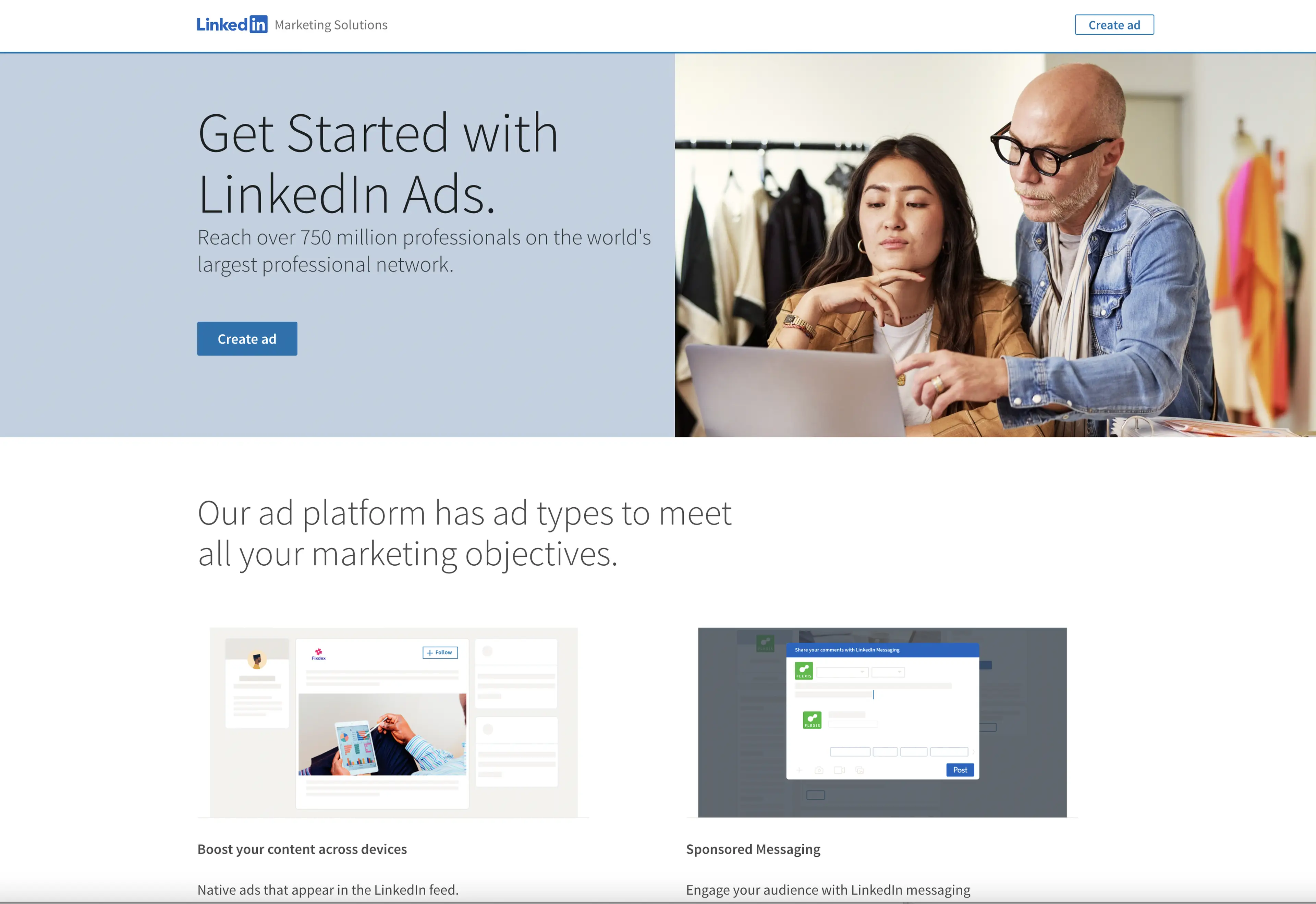 A screenshot of LinkedIn Marketing Solutions page with words Get Started with LinkedIn Ads