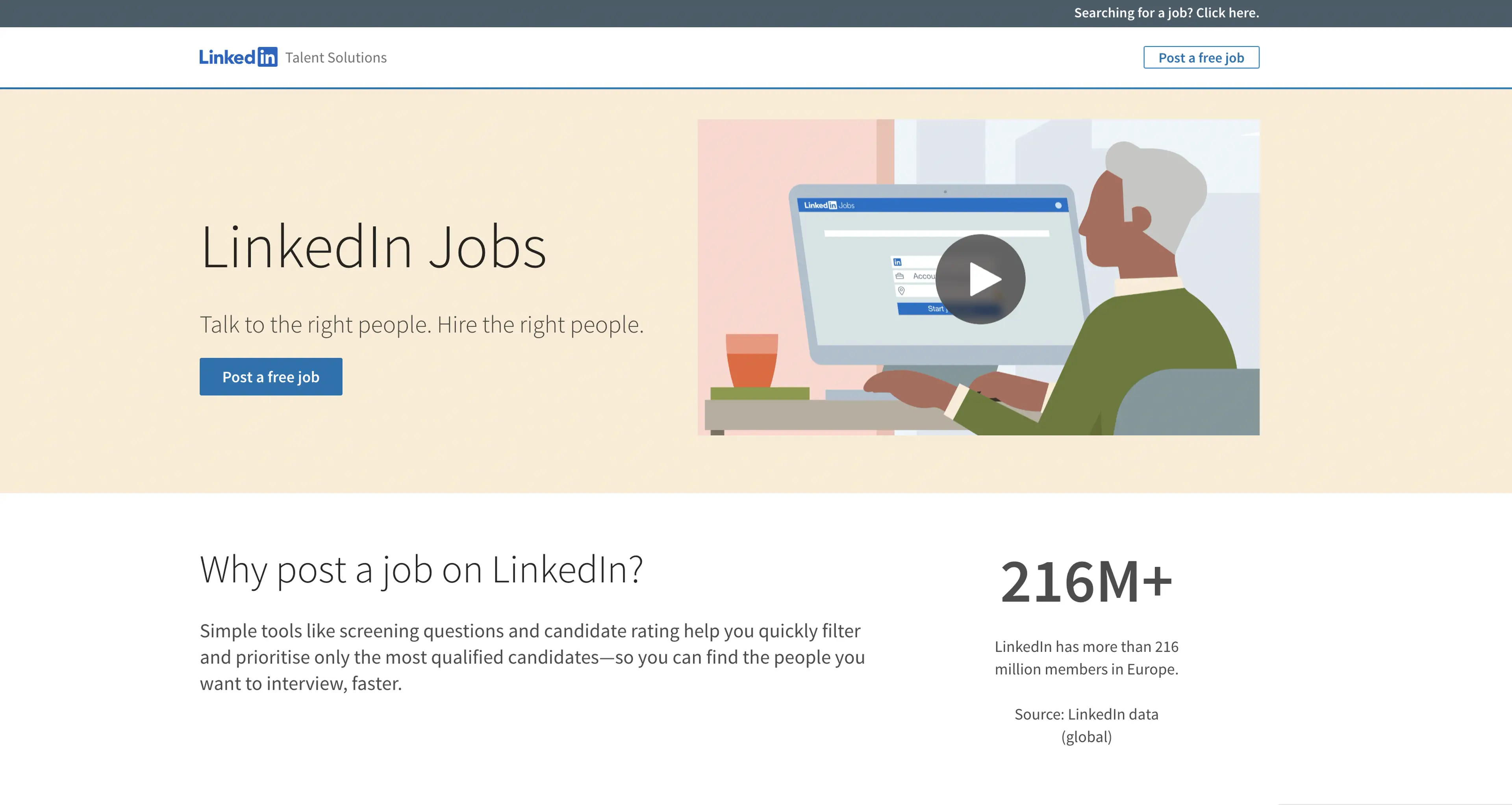 A screenshot of the LinkedIn jobs page with the words Talk to the right people. Hire the right people. 