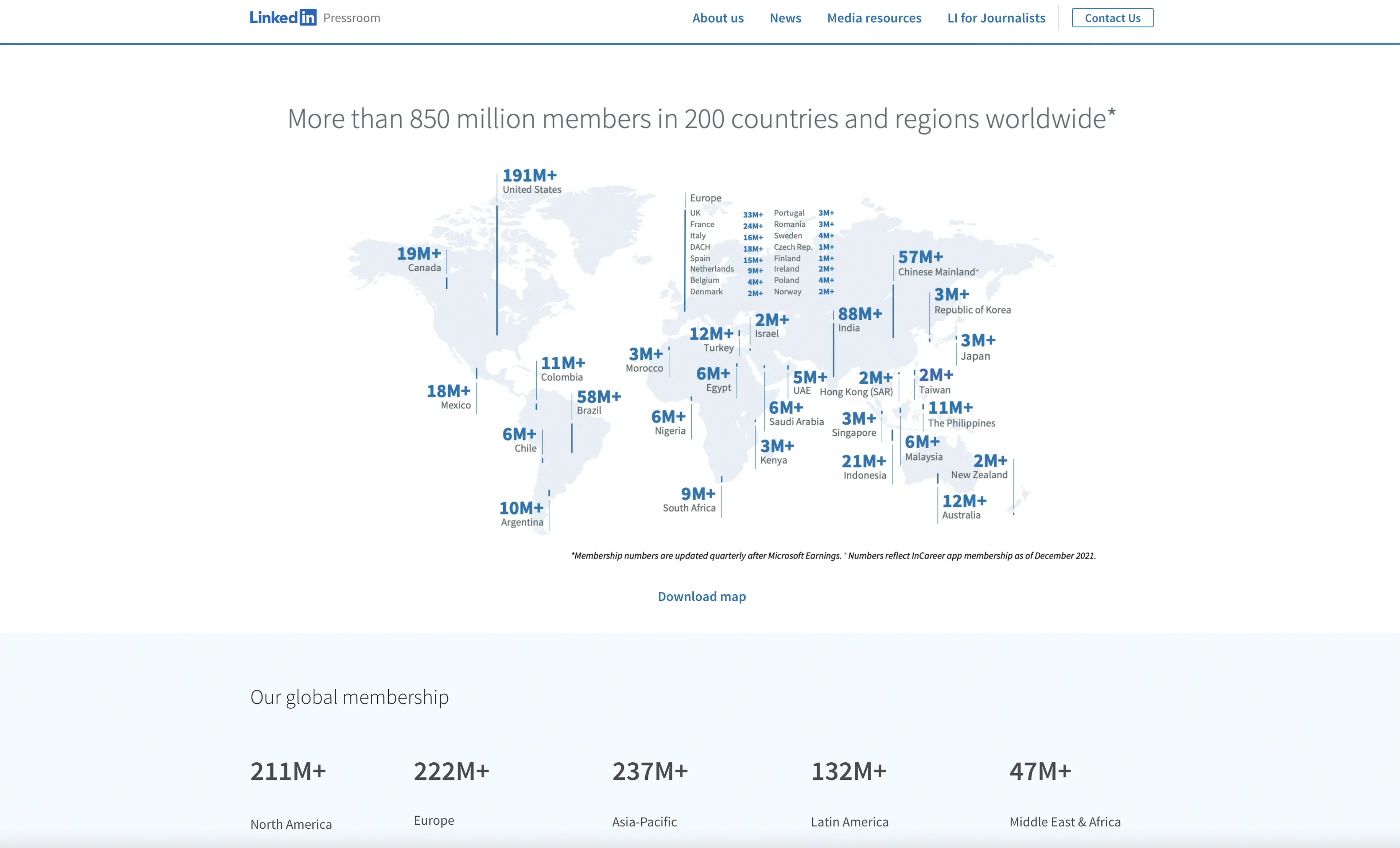 A screenshot of LinkedIn's global membership 