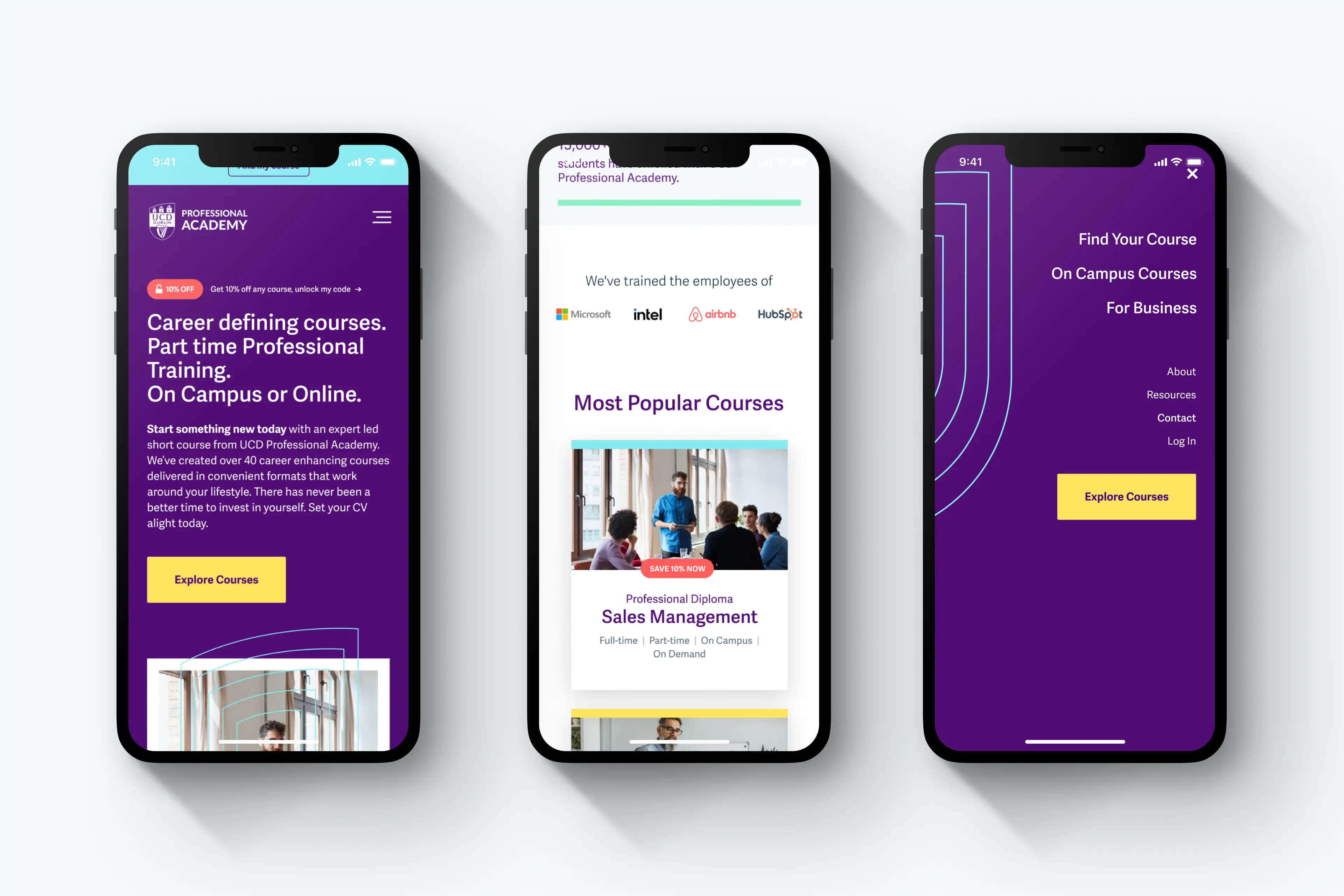 Mobile screens of UCD Professional Academy