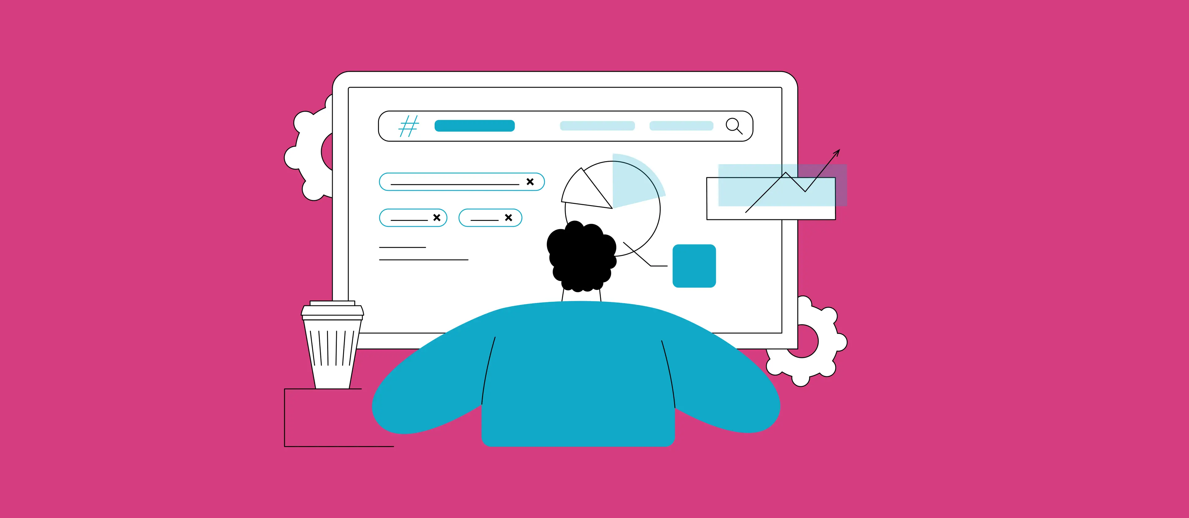 Pink graphic with person starting at digital graphs