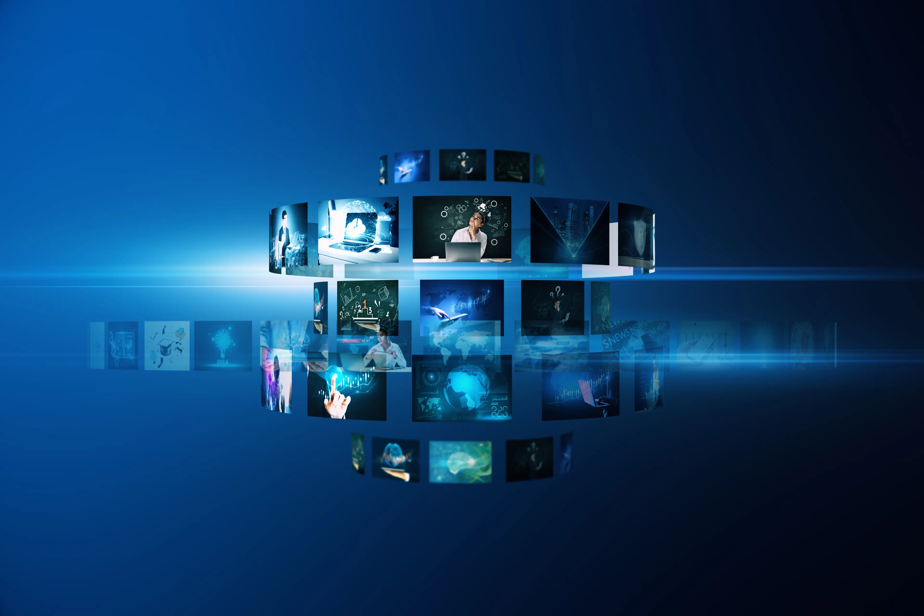 Blue photo with images of laptops