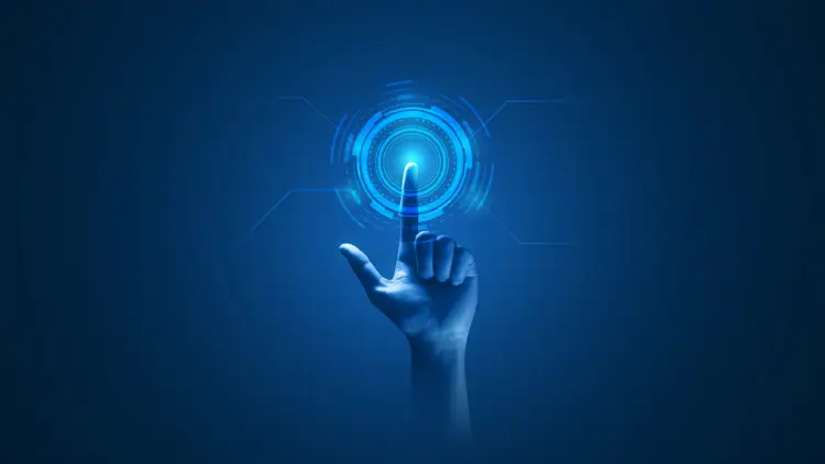 Hand touching virtual computer screen