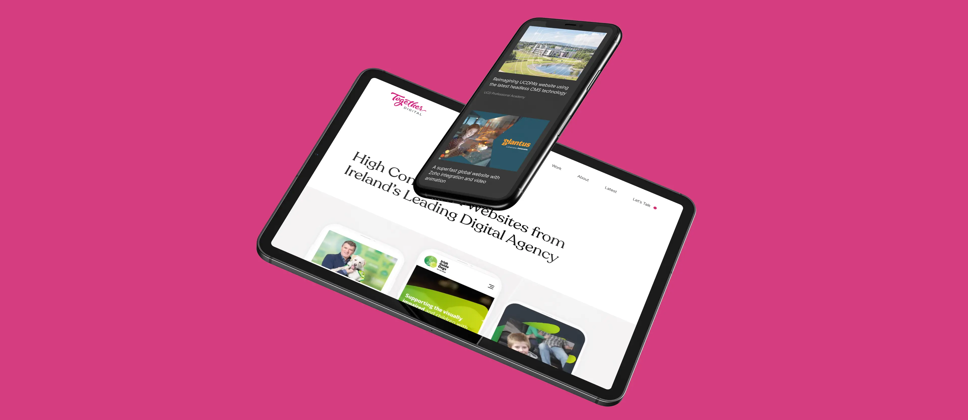 Pink graphic with image of mobile devices showing imagery from Together Digital's new website 